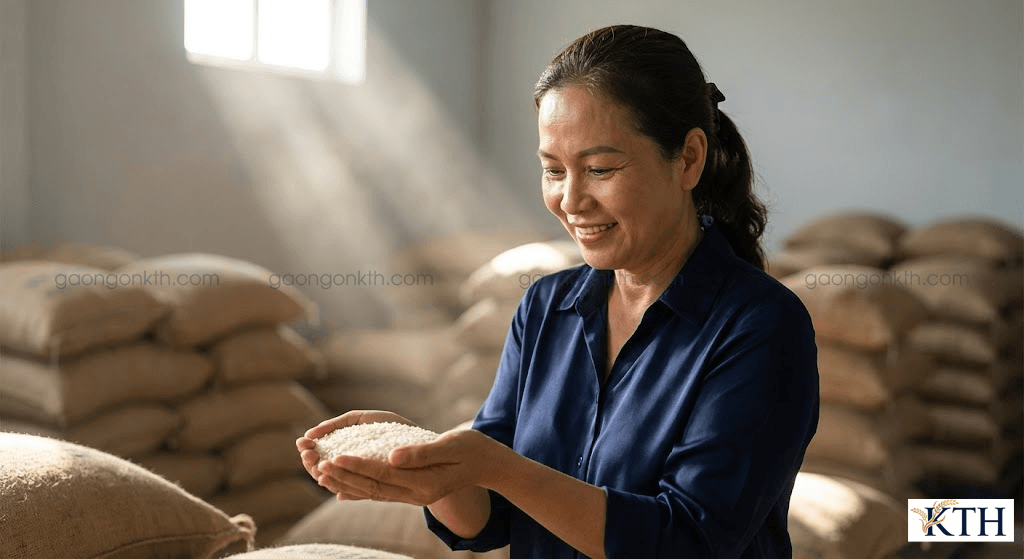 CEO Đỗ Thị Nga Xô đang kiểm tra chất lượng gạo Sóc Sentic chính hãng tại kho Gạo Ngon KTH.