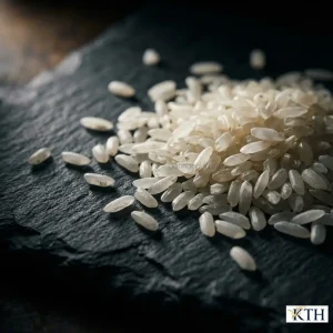 Ảnh chụp macro từ trên cao hiển thị rõ nét kết cấu hạt vỡ đặc trưng của gạo tấm thơm Lài, với màu sắc trắng trong tự nhiên trên nền đá tối màu.