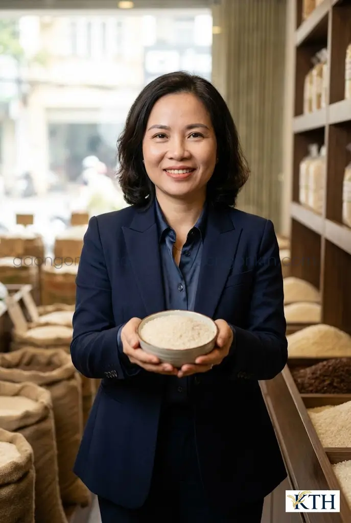 CEO Đỗ Thị Nga Xô của Gạo Ngon KTH kiểm tra chất lượng gạo mẫu gạo CL 555 trước khi giao cho khách hàng.