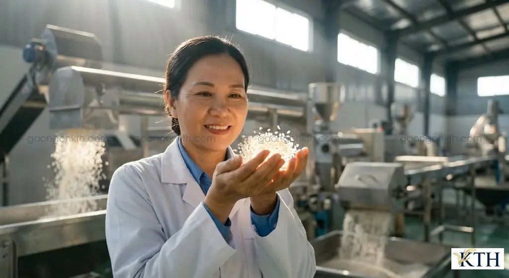 Chuyên gia nông sản Đỗ Thị Nga Xô kiểm tra chất lượng gạo thành phẩm tại nhà máy xay xát lúa gạo KTH với công nghệ hiện đại.