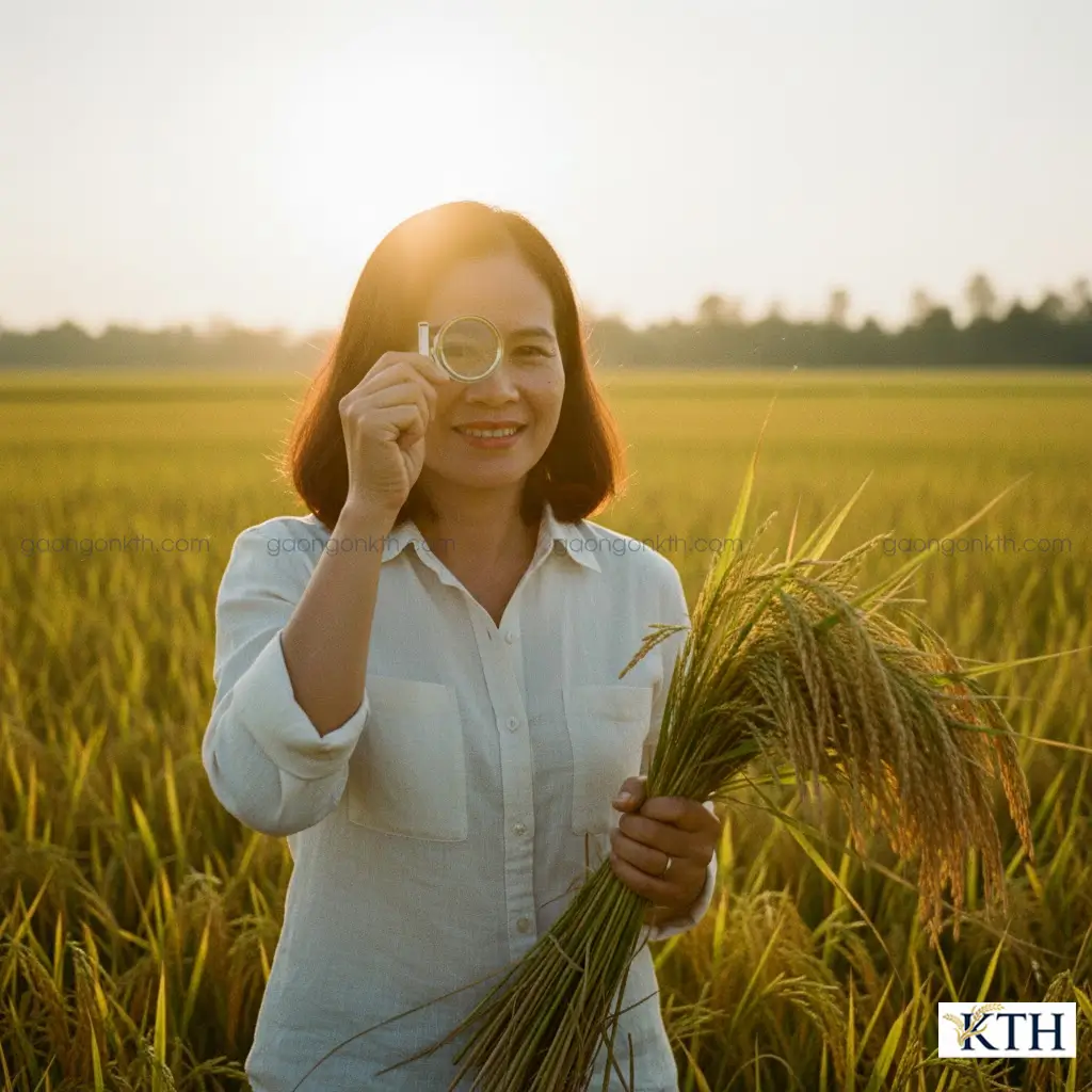 Chuyên gia Đỗ Thị Nga Xô - CEO Gạo Ngon KTH trực tiếp kiểm tra chất lượng lúa gạo trên cánh đồng để đảm bảo nguồn gốc.