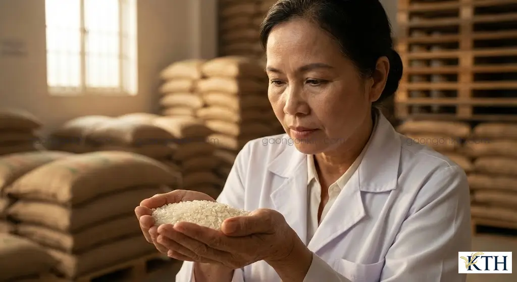 Chuyên gia Đỗ Thị Nga Xô đang kiểm tra chất lượng gạo xát dối và gạo lau bóng tại kho Gạo Ngon KTH.