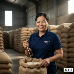 Chuyên gia Đỗ Thị Nga Xô (Gạo Ngon KTH) đang kiểm tra độ ẩm gạo 108 tại kho sỉ để đảm bảo chất lượng cho khách hàng làm bún.