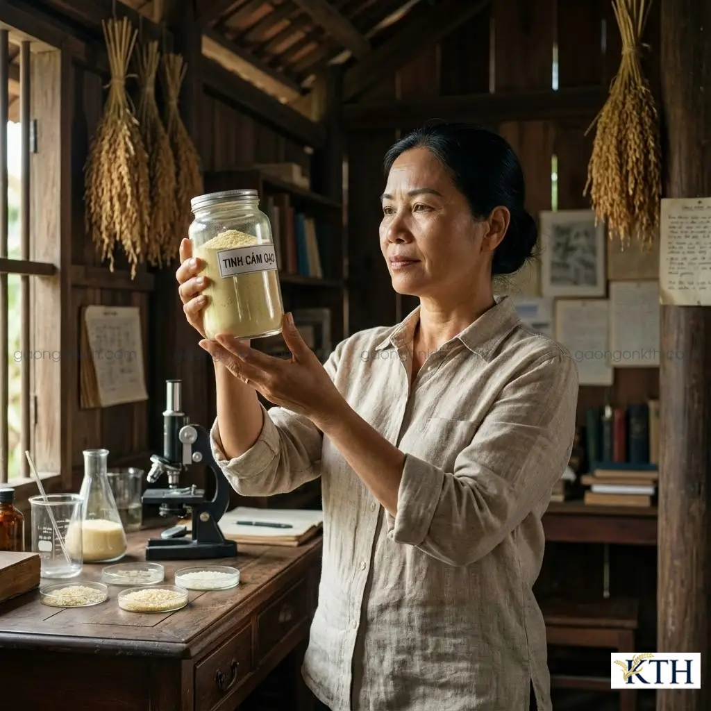 Chuyên gia nông nghiệp Việt Nam đang kiểm tra chất lượng hũ tinh cám gạo nguyên chất màu vàng nhạt trong phòng lab truyền thống.