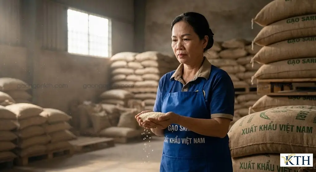 Chuyên gia của Gạo Ngon KTH đang kiểm tra kỹ lưỡng độ khô và chất lượng gạo Sari cũ tại kho hàng TP.HCM.