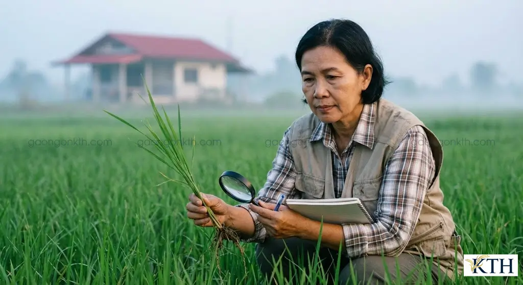 Chuyên gia nông nghiệp Đỗ Thị Nga Xô kiểm tra kỹ thuật canh tác lúa OM380 chịu phèn mặn tại ruộng thực nghiệm.