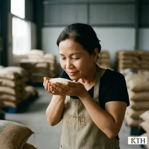 Chuyên gia Gạo Ngon KTH đang kiểm tra mùi thơm lá dứa tự nhiên của gạo tấm sạch bằng khứu giác.