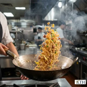 Đầu bếp đang rang cơm chiên Dương Châu bằng chảo lửa lớn sử dụng gạo Jasmine để nguội giúp hạt cơm săn lại.