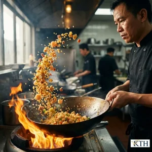 Đầu bếp chuyên nghiệp đang xóc chảo món cơm chiên Dương Châu sử dụng gạo C10 để nguội, hạt cơm tơi xốp, rời rạc và vàng óng trên lửa lớn.