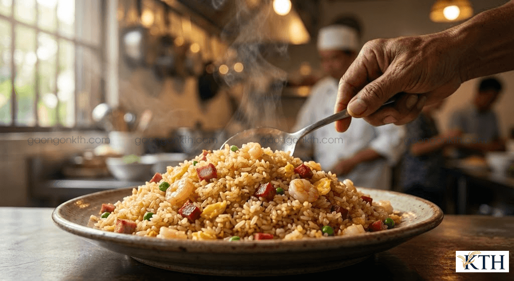 Đĩa cơm chiên Dương Châu hạt rời tơi xốp vàng ươm làm từ gạo Sa Mơ cũ