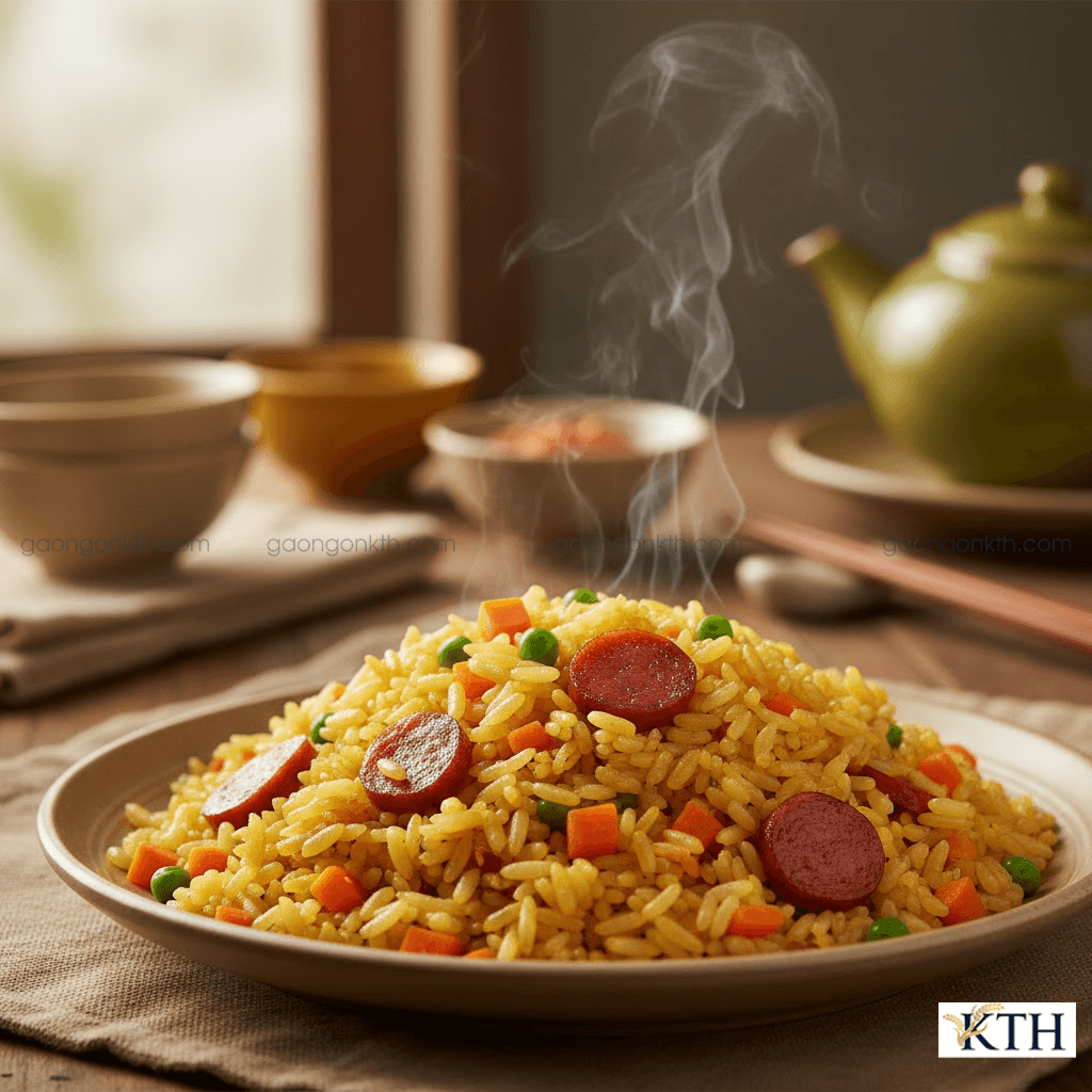 Đĩa cơm chiên dương châu hạt tơi xốp vàng ươm được nấu từ gạo Sơ Ri đặc sản miền Tây.