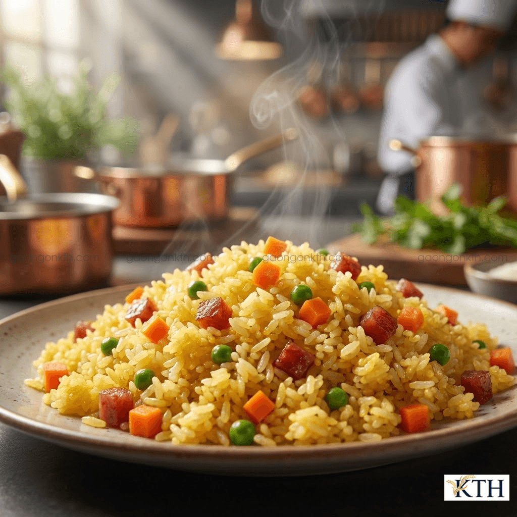 Đĩa cơm chiên Dương Châu làm từ gạo Tài Nguyên Chợ Đào với hạt cơm tơi xốp, vàng ươm và tách rời, không bị bết dính.