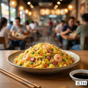 Món cơm chiên Dương Châu vàng ươm tơi xốp được nấu từ gạo 64 thơm dứa không bị bết dính.