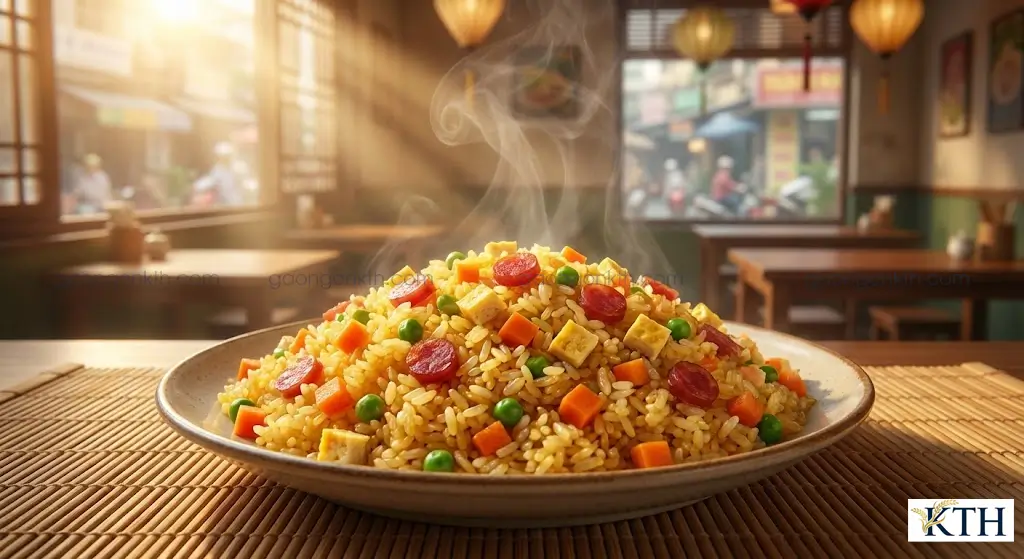 Đĩa cơm chiên Dương Châu vàng ươm làm từ gạo Thơm Mỹ, hạt cơm tơi xốp không bị vón cục hay nát.