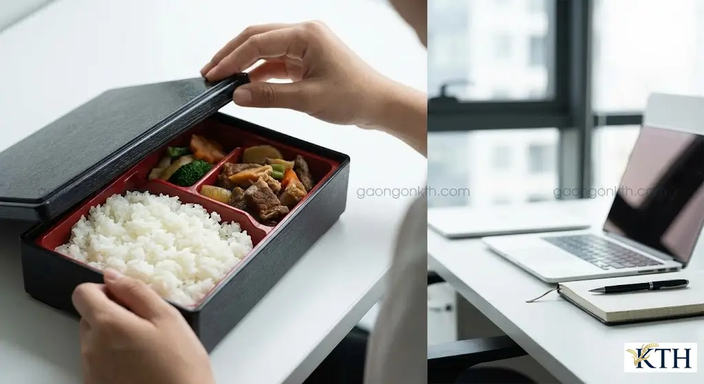 Cơm gạo 4900 để nguội vẫn mềm dẻo trong hộp cơm văn phòng, không bị khô cứng.