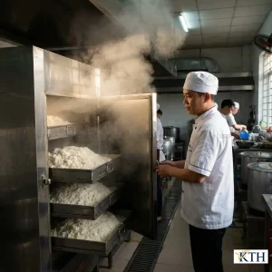 Khay cơm gạo 504 nấu bằng tủ hấp công nghiệp nở nhiều xốp cơm phục vụ suất ăn công nhân.