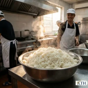 Bát cơm lớn nấu từ gạo C10 chín nở bung xốp mạnh, khô ráo và các hạt cơm rời rạc không dính, minh họa đặc tính lợi cơm cho suất ăn công nghiệp.