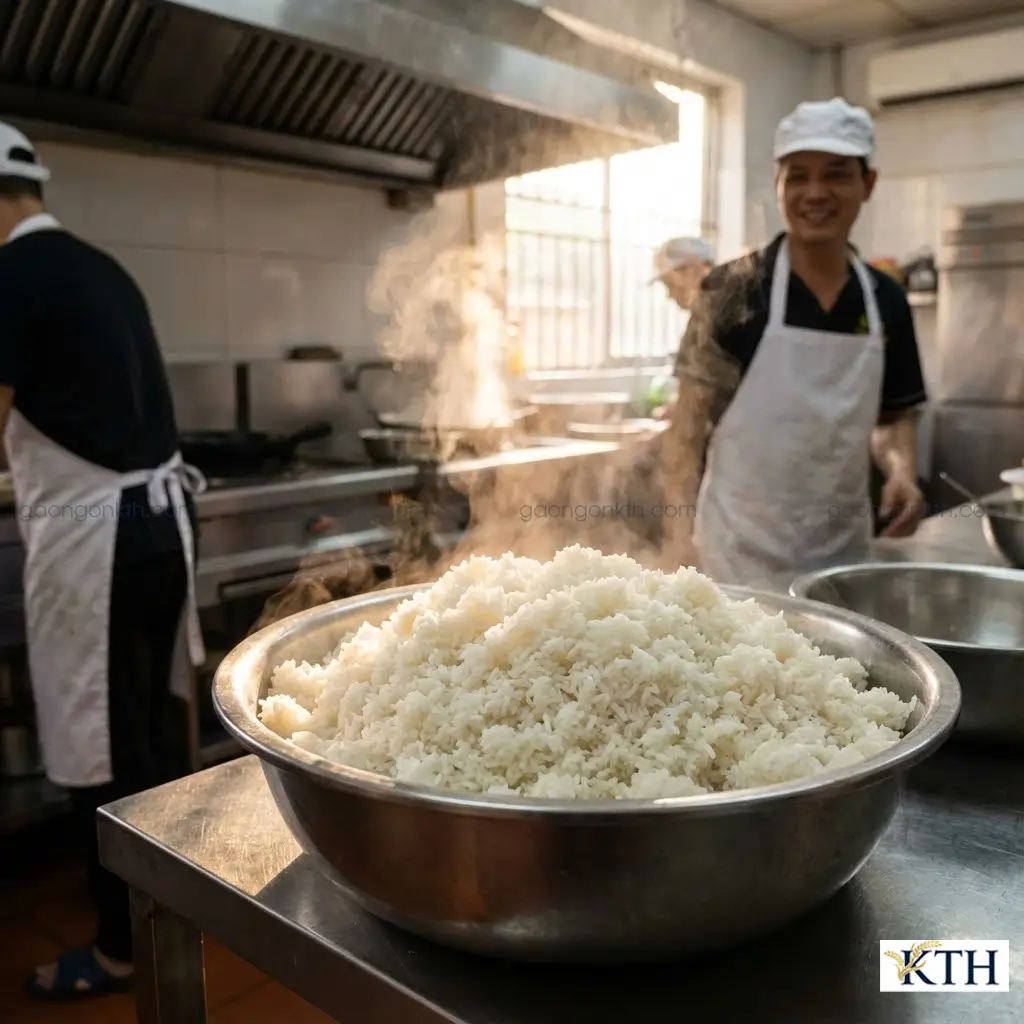 Bát cơm lớn nấu từ gạo C10 chín nở bung xốp mạnh, khô ráo và các hạt cơm rời rạc không dính, minh họa đặc tính lợi cơm cho suất ăn công nghiệp.