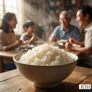 Bát cơm gạo Jasmine nấu chín dẻo vừa tơi xốp bốc hơi nóng trên bàn ăn gia đình Việt.