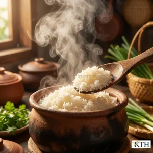 Nồi cơm niêu đất nấu từ gạo Lài Sữa vừa chín tới, hạt cơm nở đều bóng mẩy và bốc hơi thơm phức.