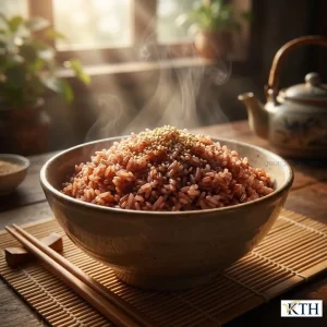 Cơm gạo lứt đỏ nấu chín mềm dẻo ăn kèm muối vừng cho người thực dưỡng và eat clean.