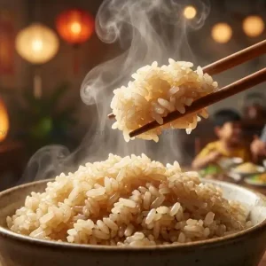 Bát cơm gạo lứt Séng Cù nấu chín dẻo thơm, hạt cơm bóng mượt và tỏa khói nghi ngút.