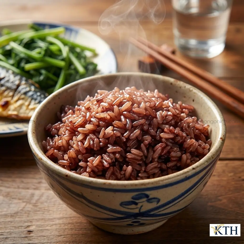 Bát cơm gạo lứt tím than nấu chín dẻo mềm, tơi xốp kết hợp thực đơn Eat Clean cho người tiểu đường và giảm cân.