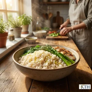 Bát cơm gạo lứt trắng nấu chín dẻo thơm ăn kèm rau xanh trong thực đơn Eat Clean giảm cân.