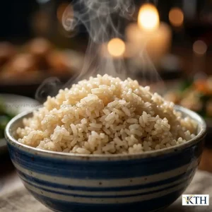 Bát cơm gạo lứt trắng hữu cơ nấu chín, bốc khói nghi ngút, hạt cơm trông mềm dẻo và tơi xốp.