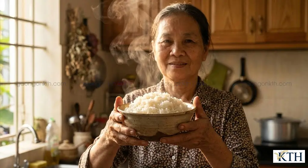 Cơm gạo OM18 nấu chín dẻo thơm, hạt cơm trắng ngần bốc khói nghi ngút trong bát sứ.