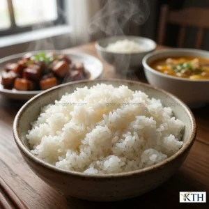 Bát cơm trắng nấu từ gạo OM34 nóng hổi, hạt cơm nở xốp, mềm dẻo, để nguội không bị cứng, phù hợp cho bếp ăn công nghiệp và quán cơm.