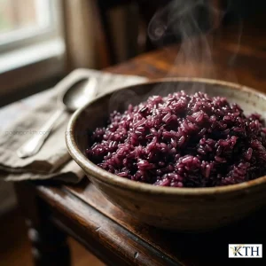 Cơm Gạo ST Tím nấu chín dẻo mềm, màu tím than đậm giàu chất dinh dưỡng và GABA trong bát gốm.