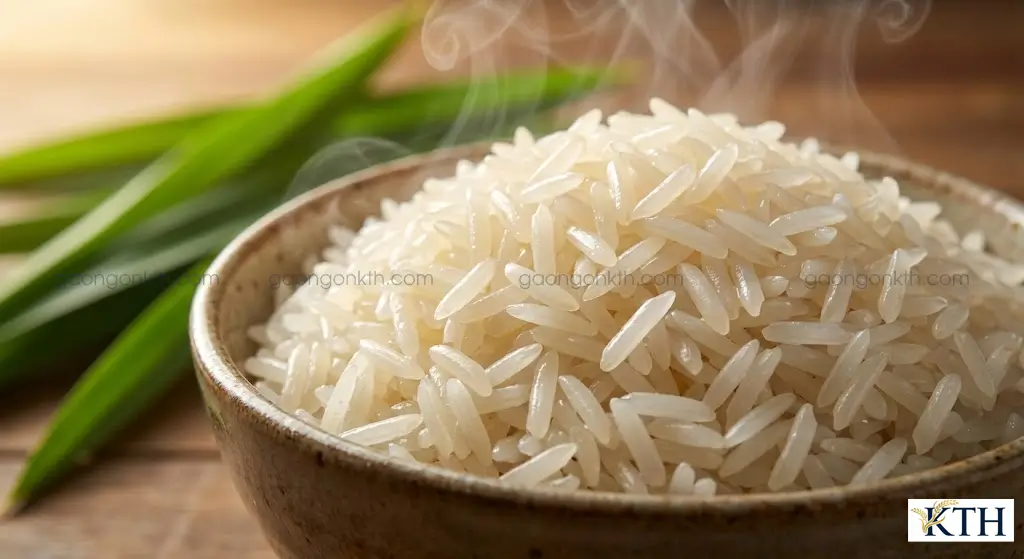 Cơm gạo ST25 Organic nấu chín hạt cơm săn chắc dẻo thơm mùi lá dứa và không bị nở bung nát.