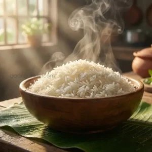 Bát cơm trắng nấu từ gạo Thơm Mỹ hạt dài, nở xốp và mềm cơm, bốc hơi nóng hổi trong ánh nắng sớm, đặt trên lá chuối xanh.