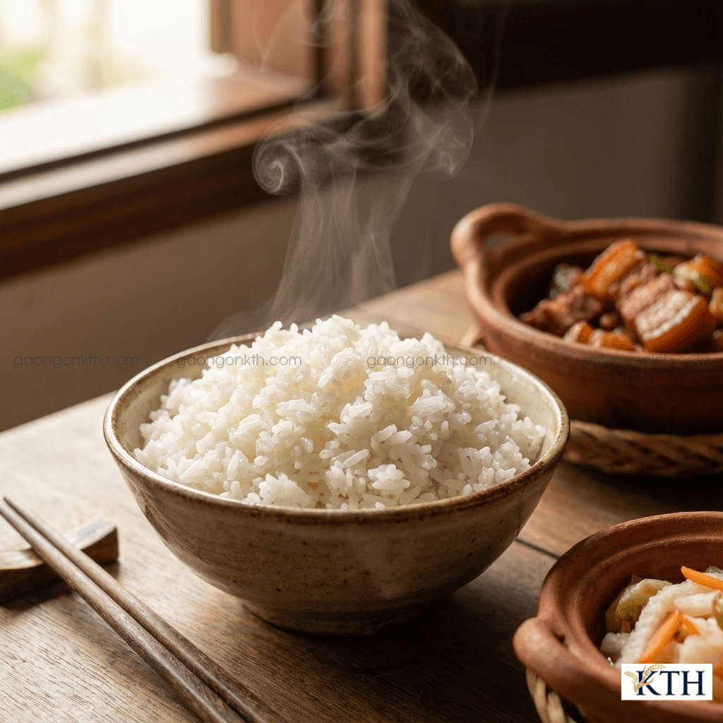 Bát cơm gạo Sóc Sentic nấu chín dẻo thơm hạt cơm dựng đứng không bị nát.