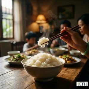 Bát cơm trắng dẻo thơm nóng hổi nấu từ gạo DT8 Đài Thơm 8 với làn khói bốc lên nghi ngút trong bữa cơm gia đình Việt.