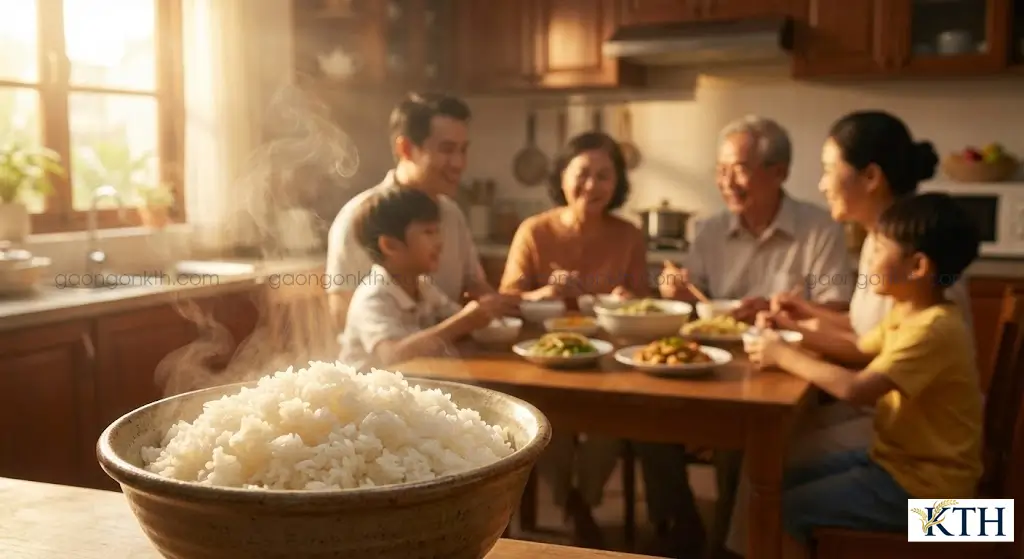 Bát cơm trắng dẻo thơm nấu từ gạo nguyên liệu sạch, đảm bảo dinh dưỡng cho bữa cơm gia đình Việt.