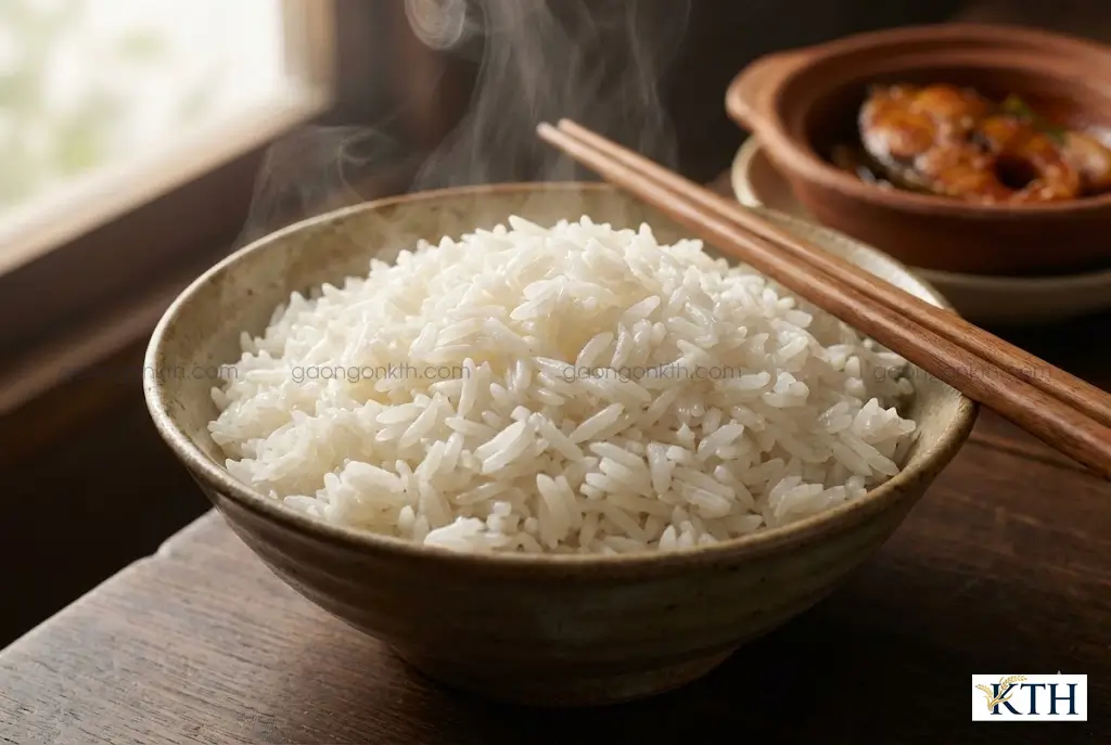 Cơm gạo ngon ST25 thượng hạng của KTH nấu chín, hạt cơm dẻo thơm, trắng trong và nóng hổi.