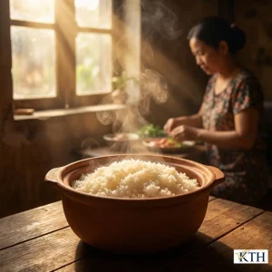 Niêu cơm gạo Nàng Hương Chợ Đào vừa nấu chín, hạt cơm xốp mềm, tỏa hương lá dứa thơm ngát trong gian bếp Việt.