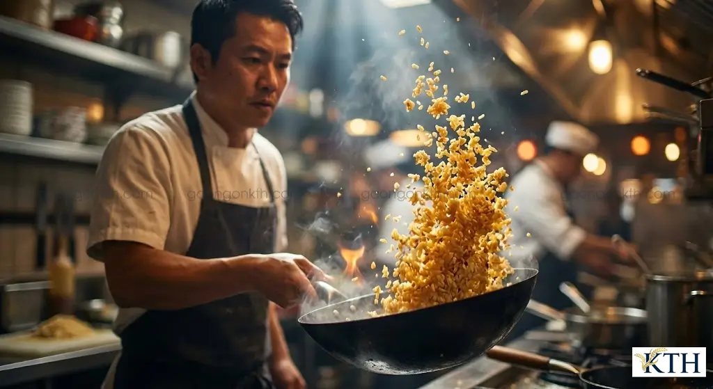 Món cơm rang thập cẩm vàng giòn rụm được làm từ gạo Khang Dân cũ để nguội giúp hạt cơm tơi xốp không bị bết dính.