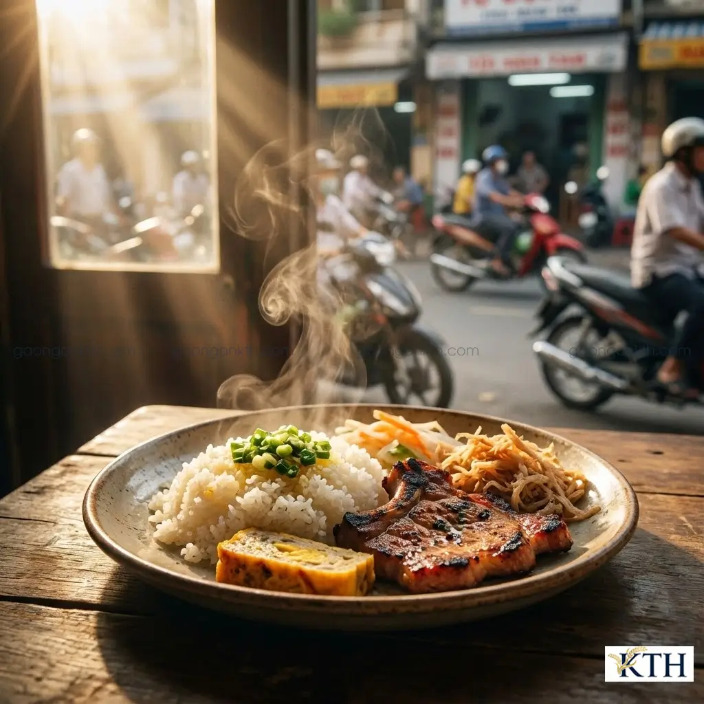 Đĩa cơm tấm sườn bì chả Sài Gòn sử dụng gạo tấm Jasmine trắng ngần tơi xốp và mỡ hành hấp dẫn.