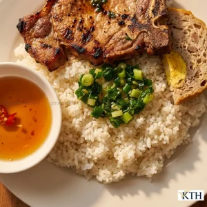 Dĩa cơm tấm sài gòn sườn bì chả sử dụng gạo tấm 504 nở xốp thấm gia vị.