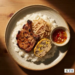 Đĩa cơm tấm sườn bì chả chuẩn vị Sài Gòn nấu từ gạo tấm ST24 dẻo thơm hạt cơm tơi xốp không bị nhão.