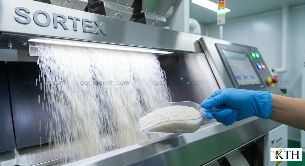 Máy bắn màu gạo Sortex lọc bỏ hạt đen và hạt vàng để tạo ra gạo thành phẩm chất lượng cao.