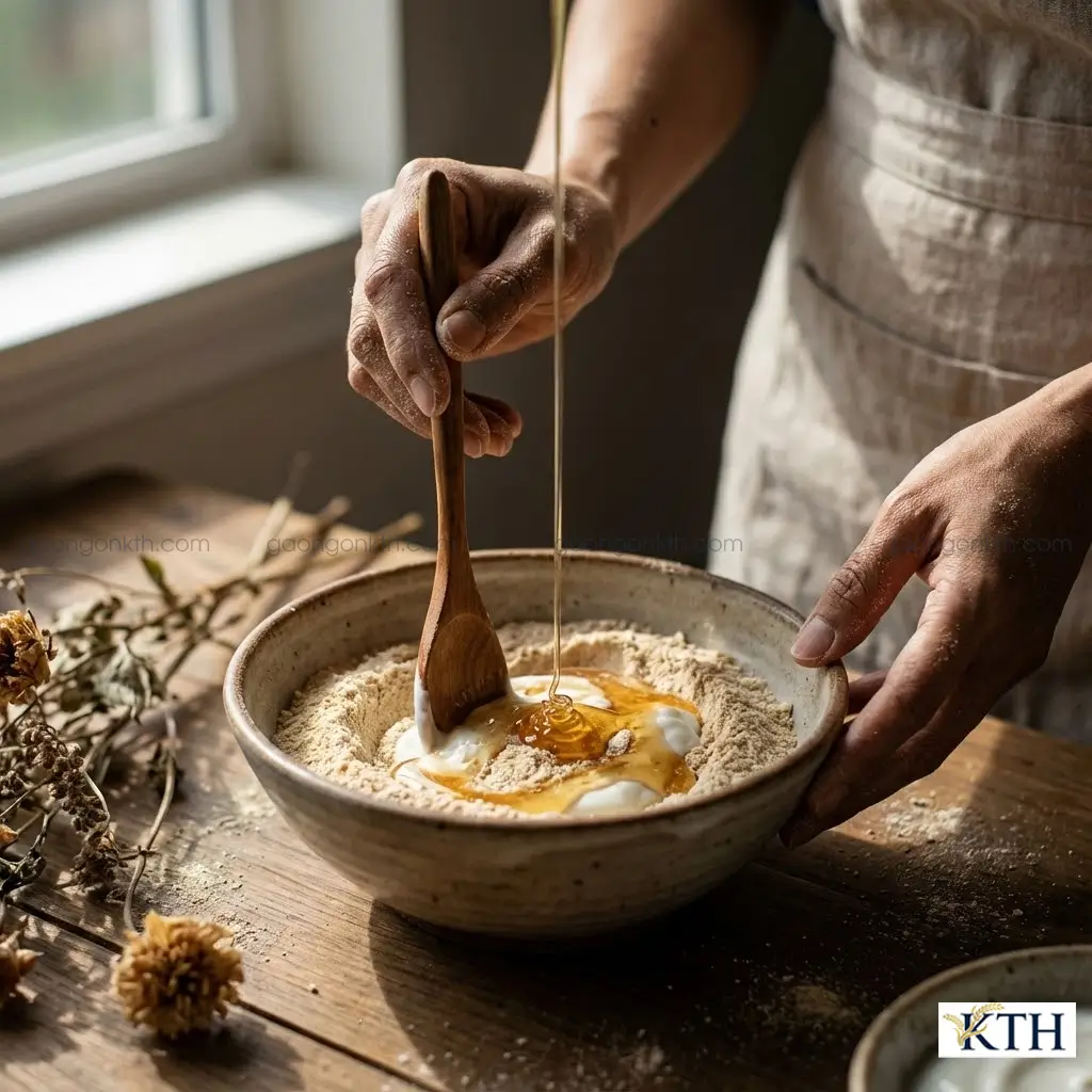 Cận cảnh bàn tay đang trộn hỗn hợp mặt nạ cám gạo nguyên chất với mật ong và sữa chua trong bát gốm.