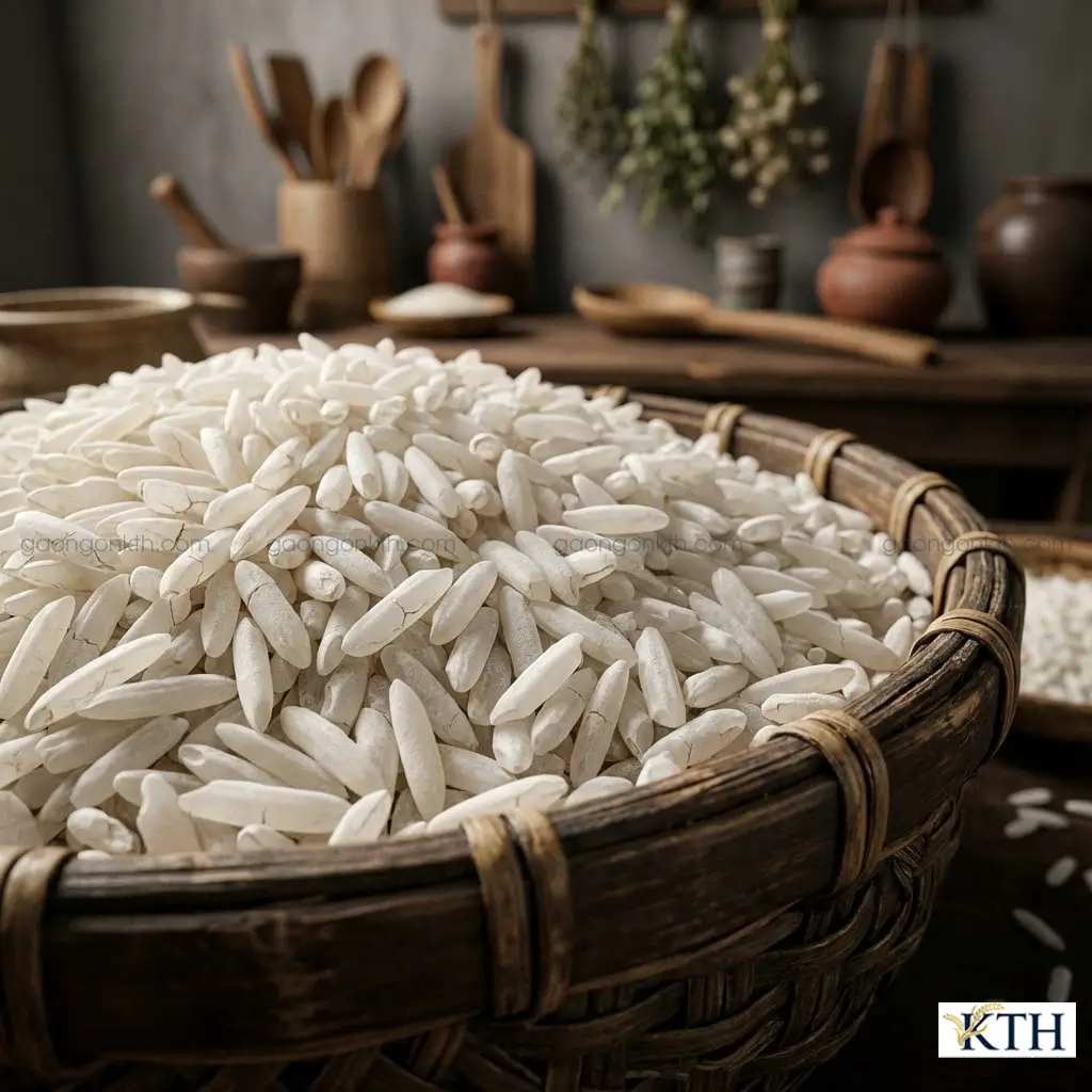 Cận cảnh hạt Gạo Lài Bún cũ, hạt thon dài, màu trắng ngà, hàm lượng Amylose cao giúp bún dai ngon.