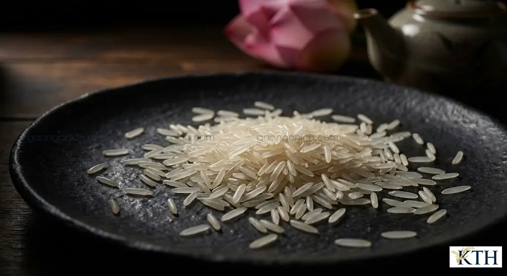 Cận cảnh hạt gạo Basmati thon dài, mảnh mai đặc trưng, không bị bạc bụng, thể hiện đẳng cấp gạo ngon nhất thế giới.
