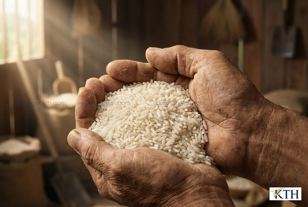 Đặc điểm nhận dạng hạt gạo Khang Dân chuẩn với màu trắng đục tự nhiên và hình dáng thon nhỏ không bị tẩy trắng.