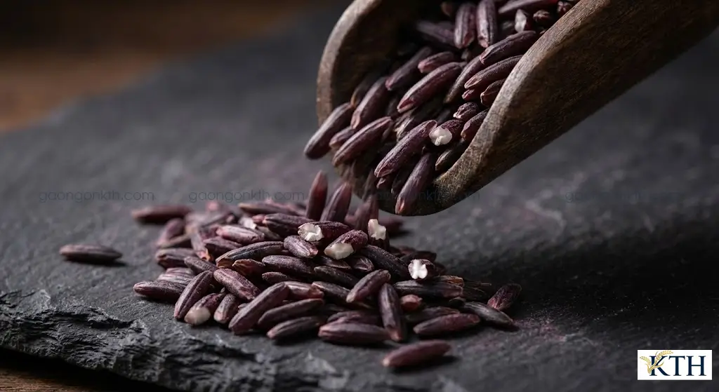 Hình ảnh cận cảnh hạt gạo nương tím thon dài với lớp vỏ cám màu tím thẫm tự nhiên chứa nhiều Anthocyanin.