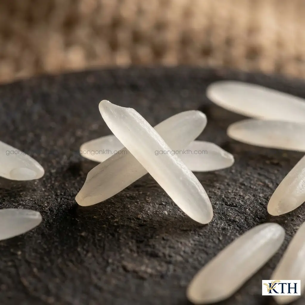 Cận cảnh hạt gạo sống ST24 thon dài, màu trắng trong, không bị bạc bụng, dấu hiệu nhận biết gạo chuẩn.